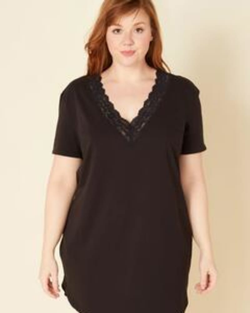 Front of a model wearing a size 1X Lace Trim Sleep Shirt in Black by Cosabella. | dia_product_style_image_id:253695